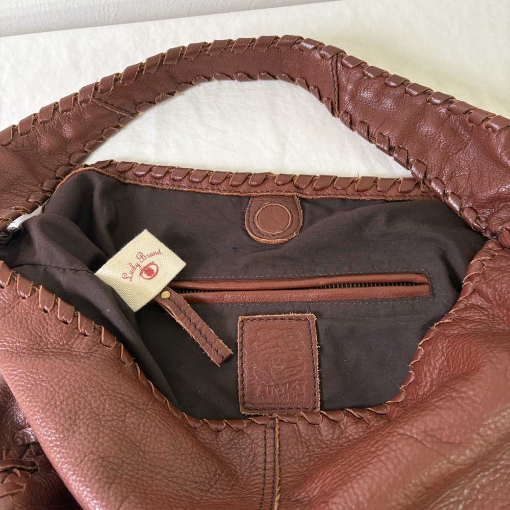 LUCKY BRAND Genuine Leather Large Boho Whipstitch Hobo Shoulder Bag Purse - Picture 3 of 16